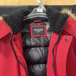 GUESS Men's Red Parka Hooded Jacket Size Large Full Zip with Pockets